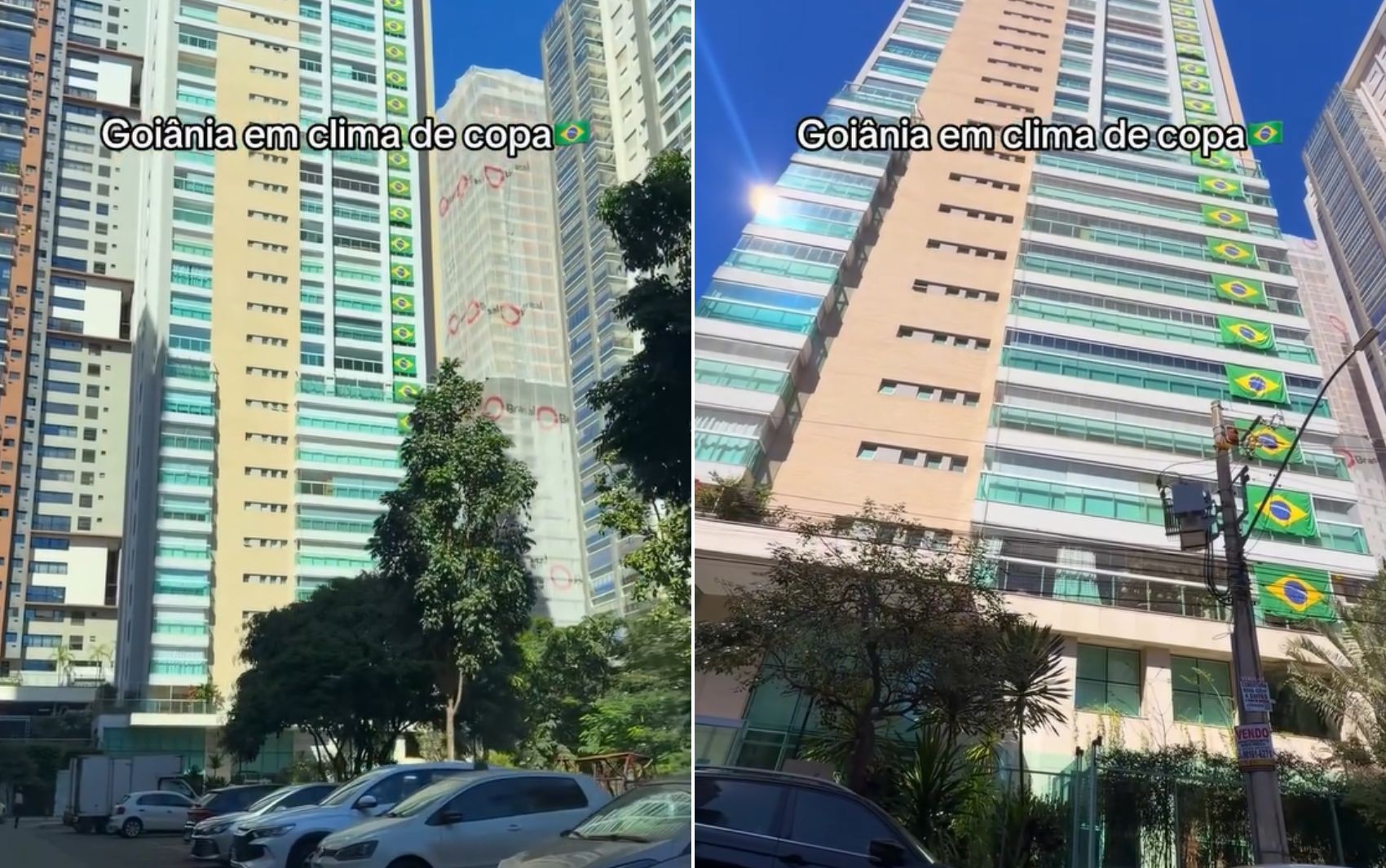 Prédio em Goiânia coloca bandeiras do Brasil em todas as sacadas para entrar no clima da Copa do Mundo