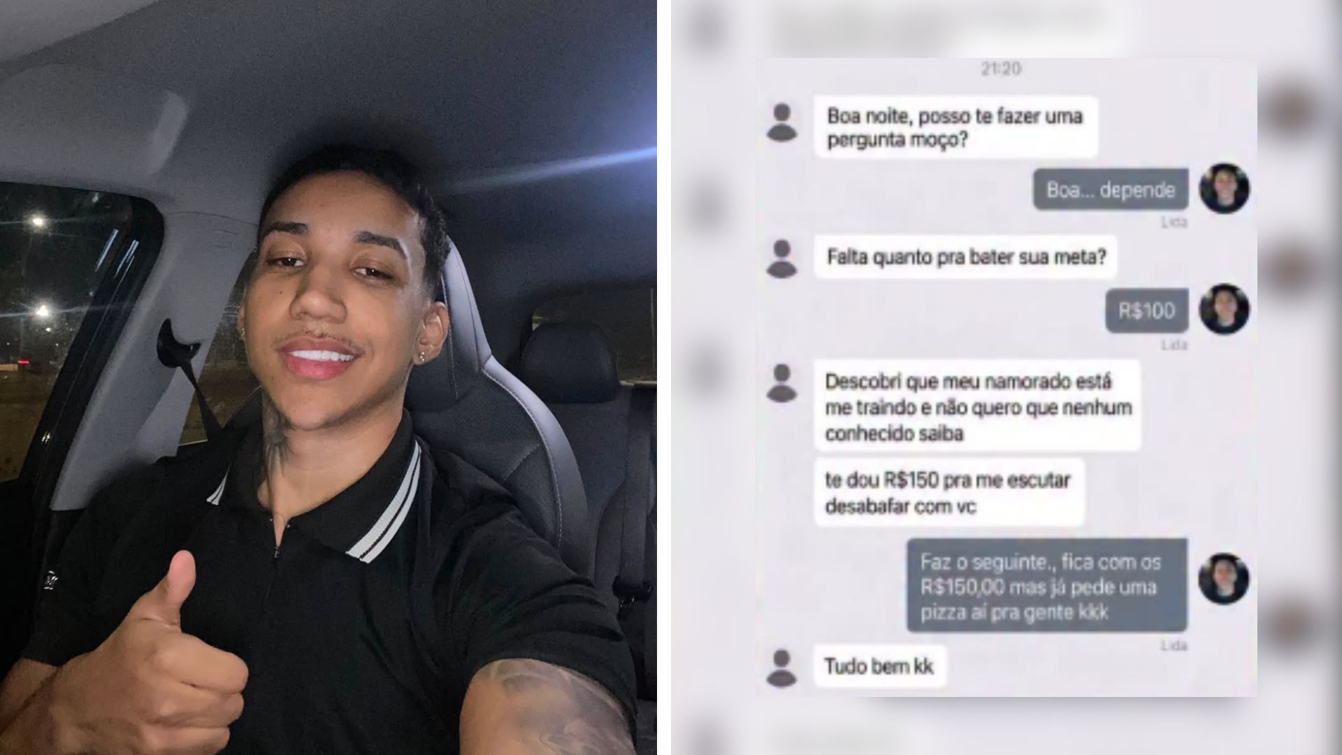 Motorista de app que recebeu proposta em dinheiro para ouvir história de traição preferiu pizza: ‘Tava morrendo de fome’ 